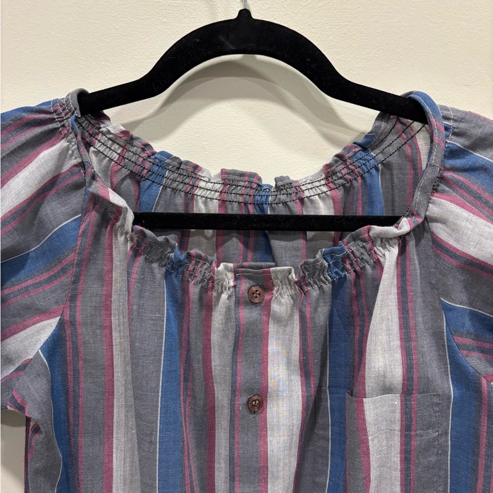 Striped Women's Blouse with Ruffle Neckline - Picture 2 of 13